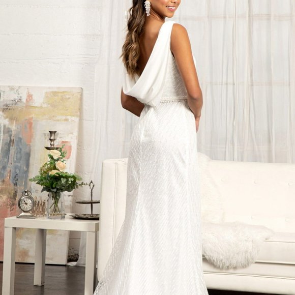 NEW IVORY Embroidered Sequin Embellished Mermaid Dress Chiffon Drape Cape gl3008